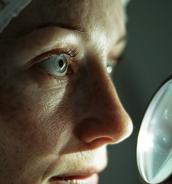 film photography 35mm, Produce a hyper-realistic photo that illustrates a moment during the screening where the dermatologist uses a magnifying glass to closely inspect a suspicious mole on the patient's skin. Highlight the meticulous nature of skin cancer screenings. --ar 3:2 --v 6 Job ID: 33326dc1-ae2c-405a-a633-4b50b45b3acf